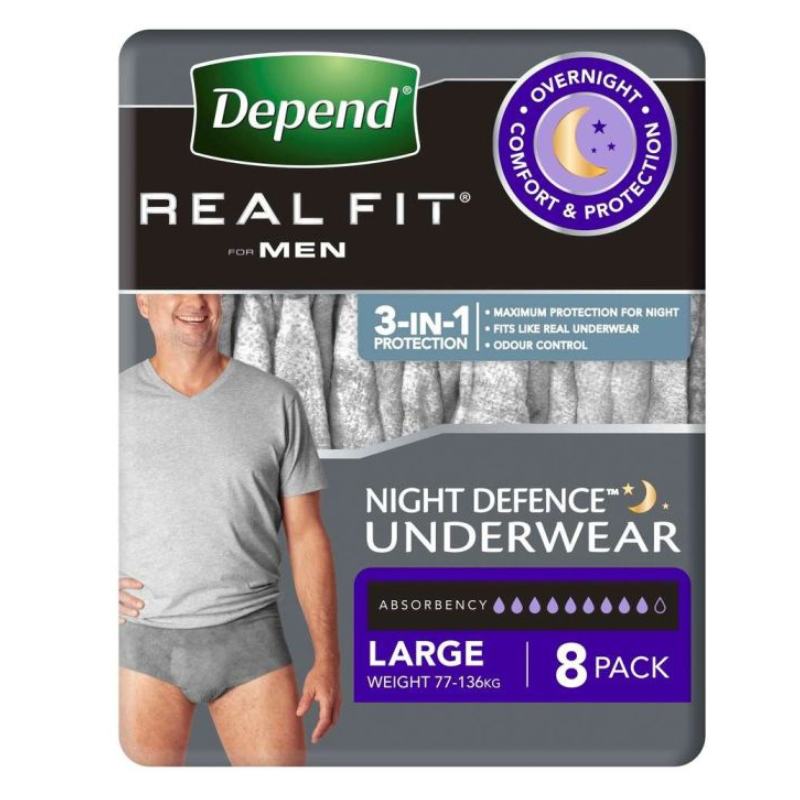 Pack of Depend Real Fit Night Defence Underwear for men on a white background