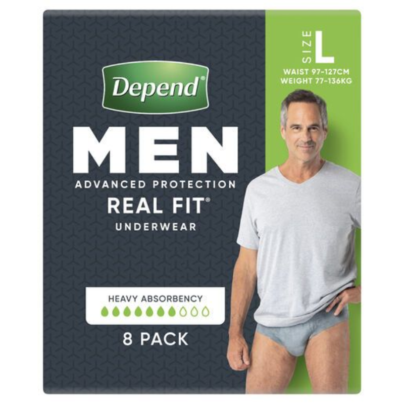 Box of Depend Men's Real Fit Underwear with a man wearing underwear on a white background
