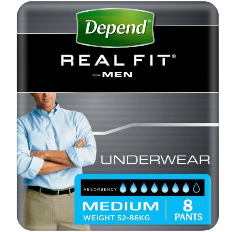Depend Real Fit for Men underwear packaging with a man wearing a light blue shirt and beige pants.
