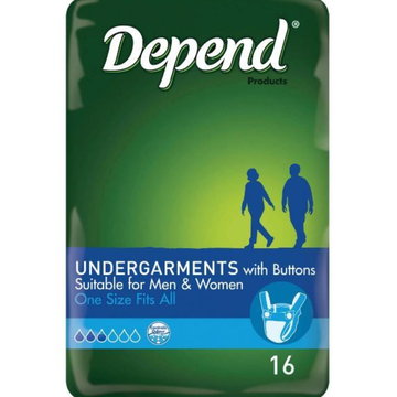Package of Depend undergarments with buttons for men and women on a green and blue background