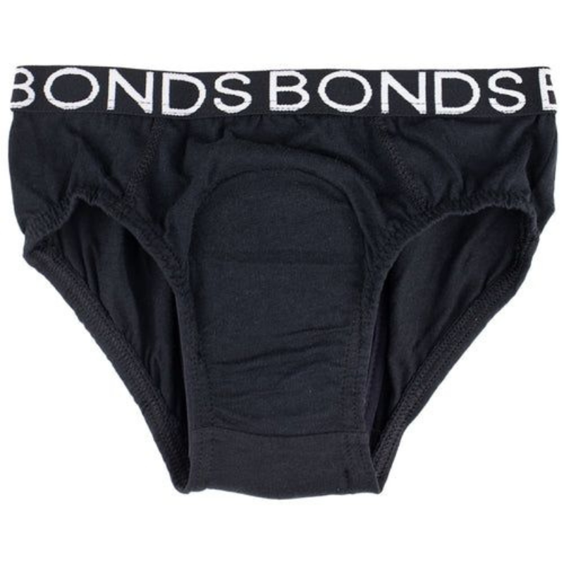 Black underwear with 'Bonds' branding on a white background