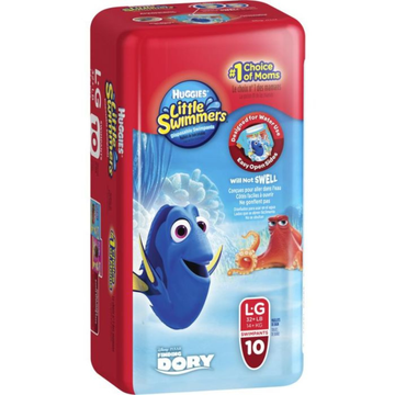 Nuggies Little Swimmers diaper package with Dory and Marlin on a white background