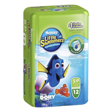 Huggies Little Swimmers swim diaper package with Dory and Nemo on a green and blue background