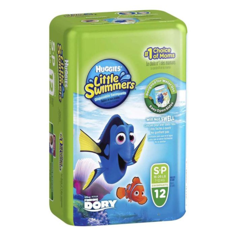 Huggies Little Swimmers swim diaper package with Dory and Nemo on a green and blue background