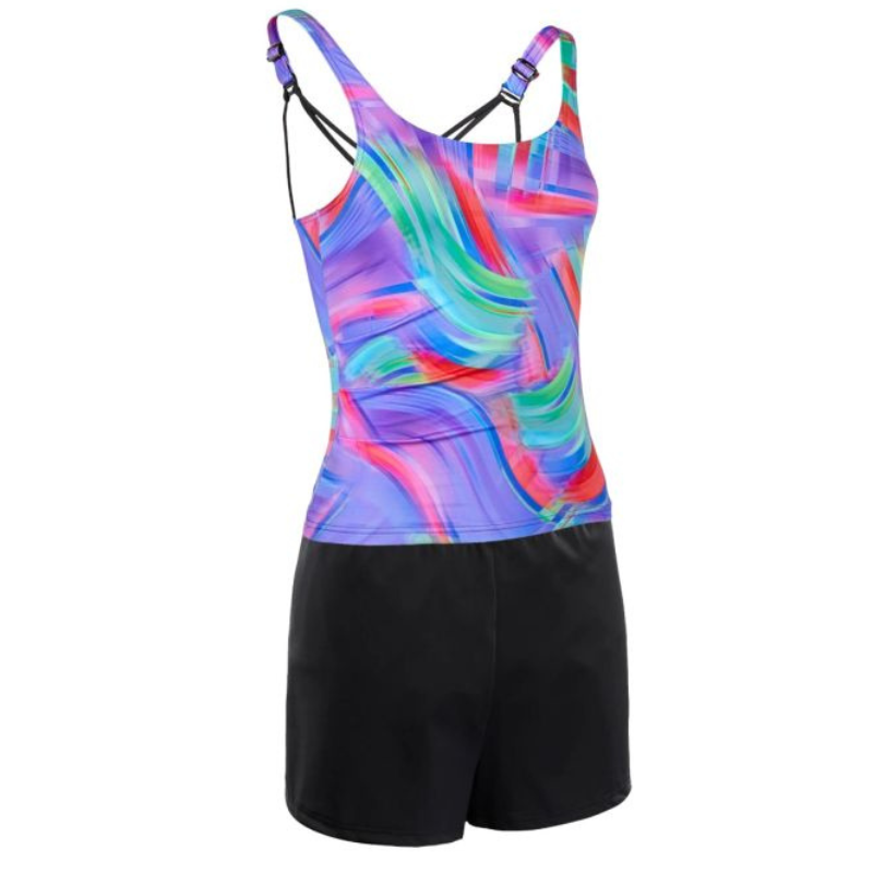 Colorful swimsuit with a multicolored top and black shorts on a white background