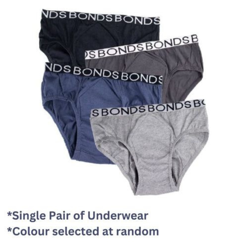 Three pairs of Bonds underwear in different colors on a white background.