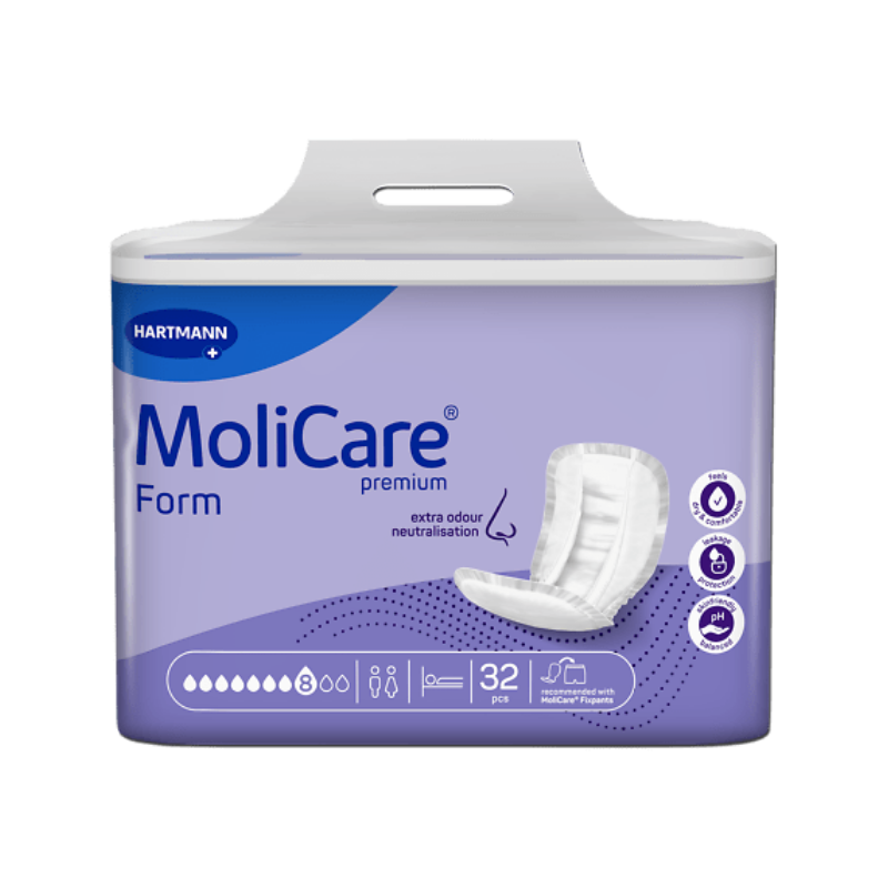 MoliCare premium packaging with purple and white design on a white background