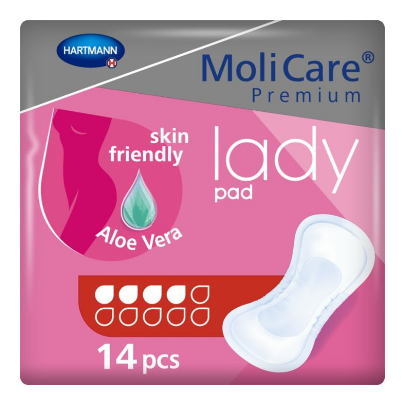 MoliCare Premium skin friendly lady pad packaging with pink and gray design.