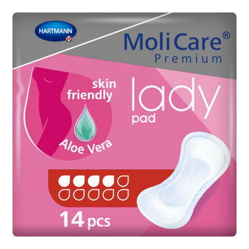 MoliCare Premium skin friendly lady pad packaging with pink and gray design.