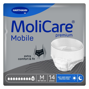 MoliCare Mobile packaging with a white diaper illustration on a gray background