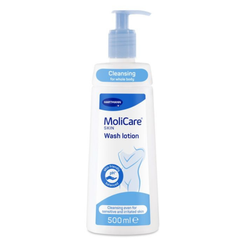 Molicare skin wash lotion bottle on a white background