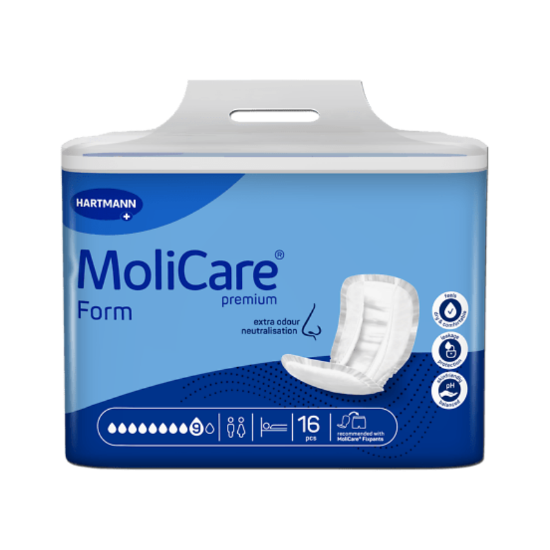 MoliCare premium packaging with blue and white design on a white background
