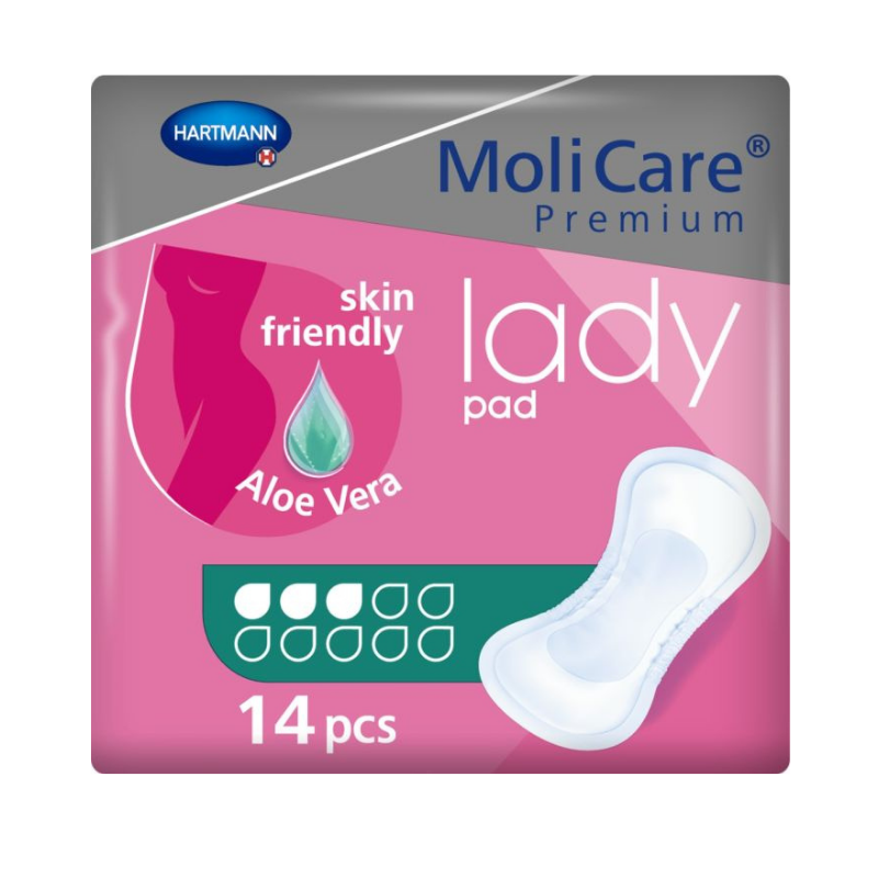 MoliCare Premium skin friendly lady pad packaging with Aloe Vera on a pink background