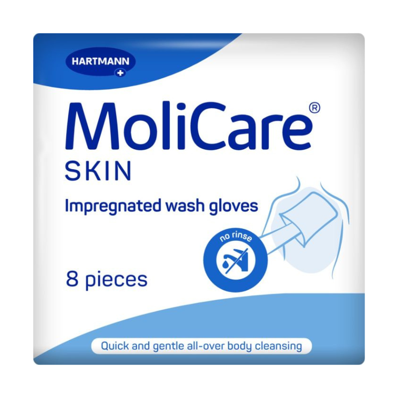 MoliCare skin impregnated wash gloves packaging with blue and white design.