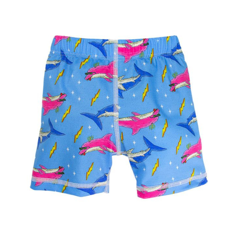 Colorful swim shorts with shark and whale pattern on a blue background