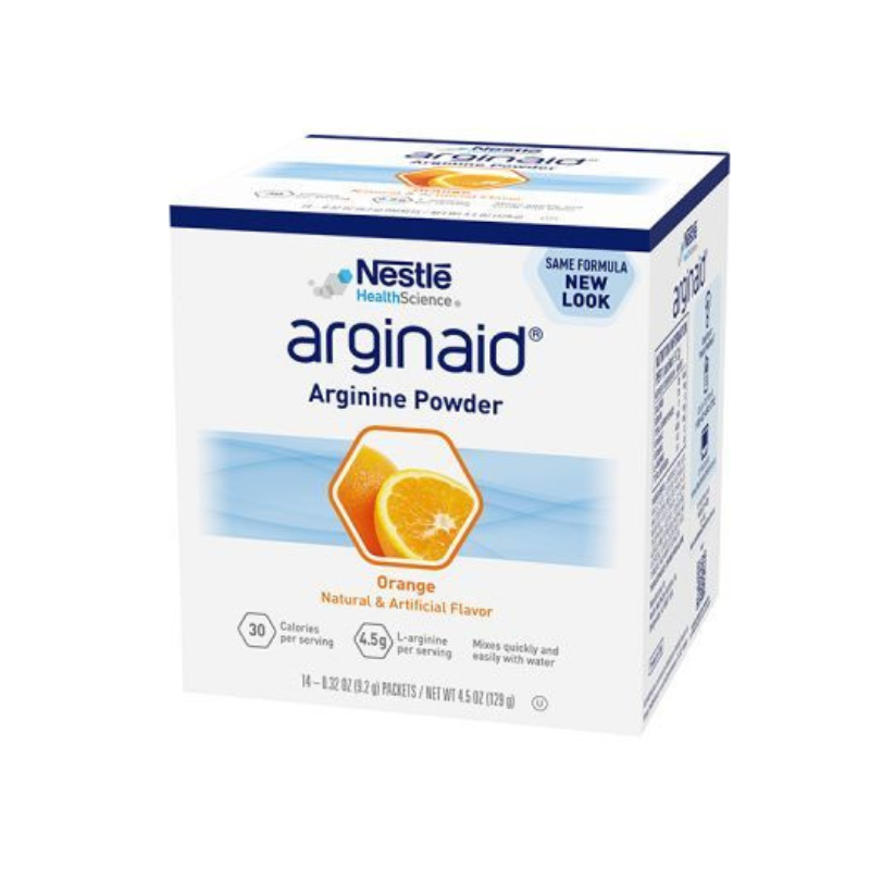 Box of Nestle HealthScience arginaid Arginine Powder with orange flavor on a white background