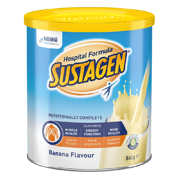 Sustagen Hospital Formula canister with yellow lid on a white background