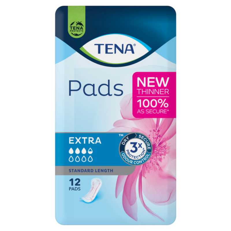 TENA pads packaging with a pink flower on a white background