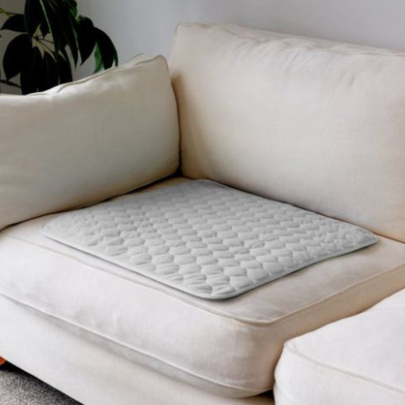 Quilted pad on a beige sofa with a plant in the background