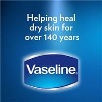 Vaseline logo on a blue background with text about dry skin healing.