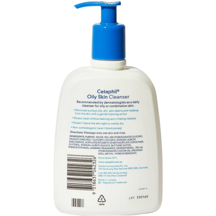 Cetaphil oily skin cleanser bottle with blue pump on a white background