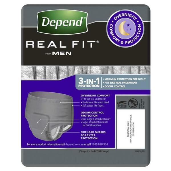 Depend Real Fit for Men packaging with product details on a white background