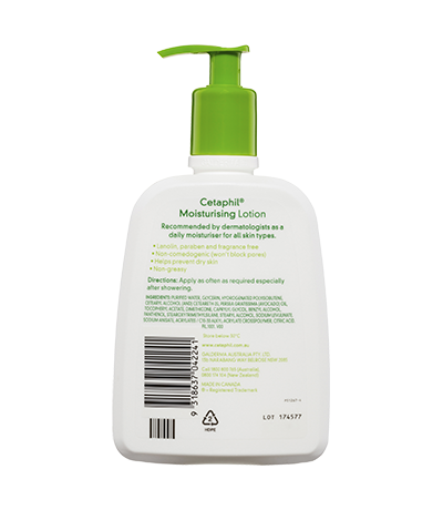 Cetaphil moisturizing lotion bottle with green pump on a white background