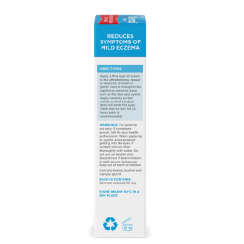 Packaging of a skincare product for mild eczema with blue and white design.