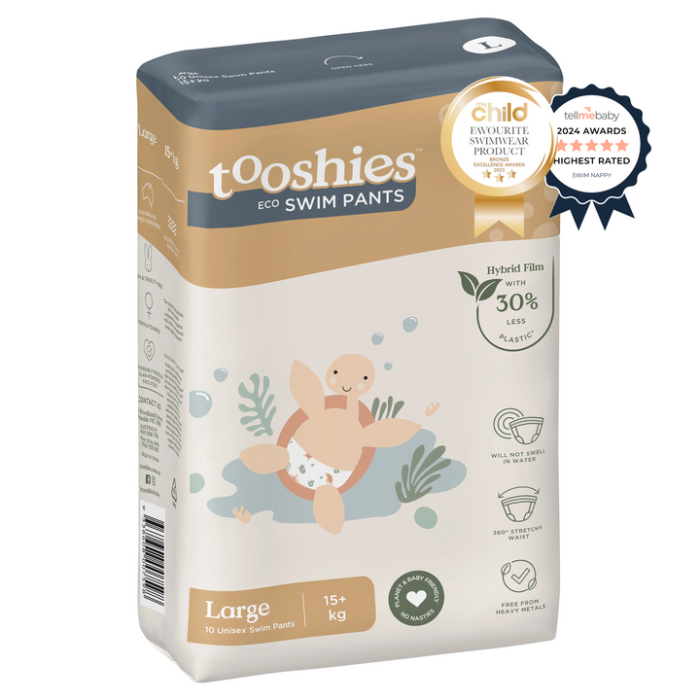 Package of tooshies eco swim pants with a child award badge on a white background