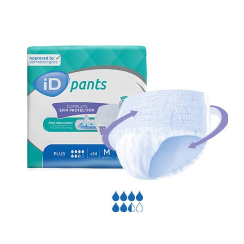iD pants packaging with a single pant displayed on a white background