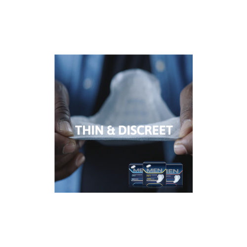 Advertisement showing a thin and discreet product held between two hands with 'THIN & DISCREET' text.