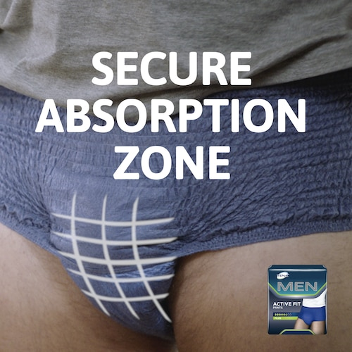 Men's underwear with a focus on the 'Secure Absorption Zone' and a visible brand logo.
