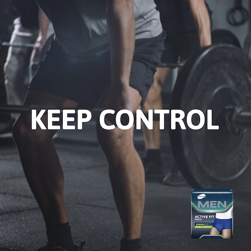 People lifting weights with 'KEEP CONTROL' text and Men's Active Fit product packaging.