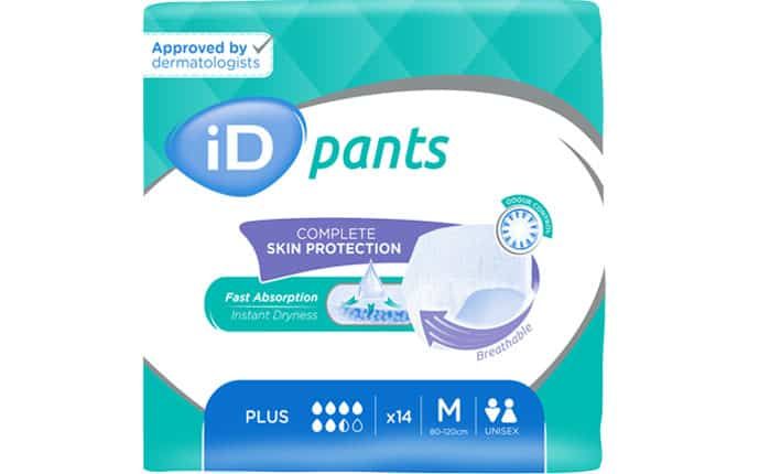 Package of iD pants with text on a white background