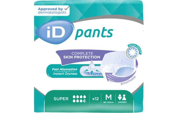 Pack of iD pants with branding and product features on a white background
