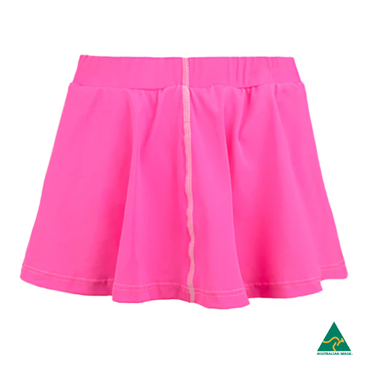 Pink skirt on a white background with an Australian Made logo.