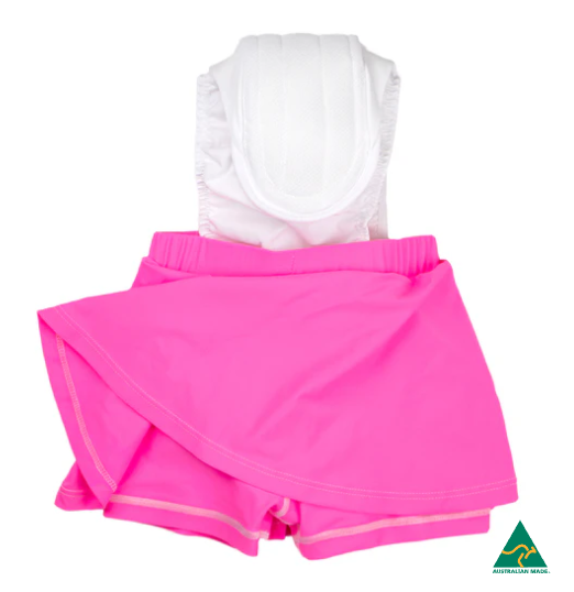 Pink tennis outfit with white top on a white background