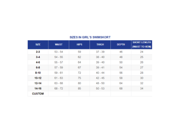 Table displaying sizes and measurements for girls' swimsuits on a white background