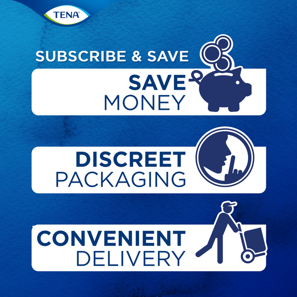 Promotional graphic for TENA with text on a blue background